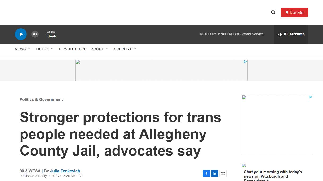 Stronger protections needed for trans people at Allegheny County Jail | 90.5 WESA